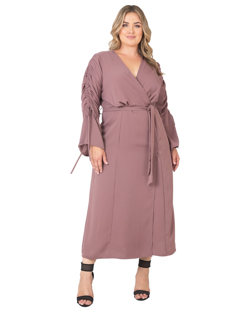 Front of a model wearing a size 1X Kimberly Wrap Maxi Dress in RASPBERRY by Standards & Practices. | dia_product_style_image_id:275727